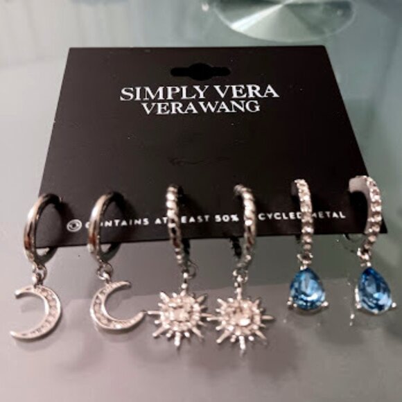 VERA WANG 3pc Rocker Chic Moon/Star/Teardrop Clear & Blue Crystal Hoop Earrings - Picture 4 of 5